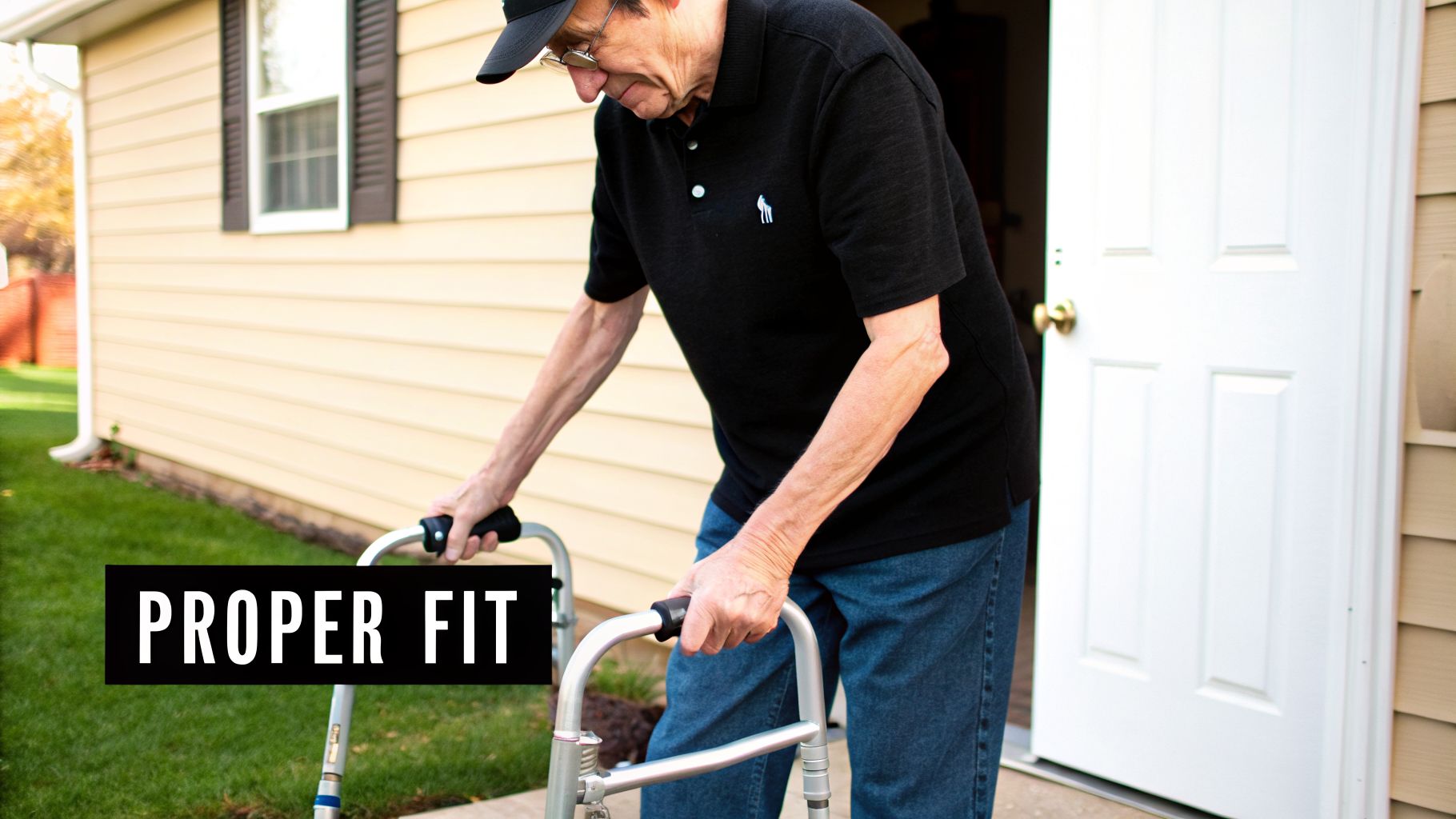 An elderly man uses a walker outdoors next to a house, emphasizing proper fit for balance.