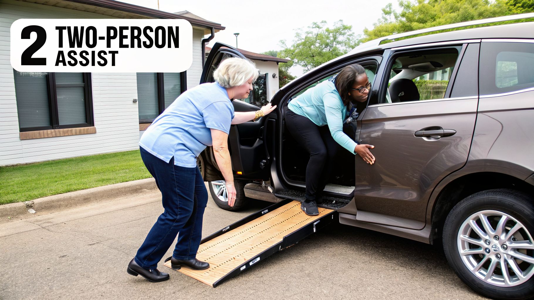 Two women assist a person in transferring into a car using a portable ramp, showing a two-person assist.