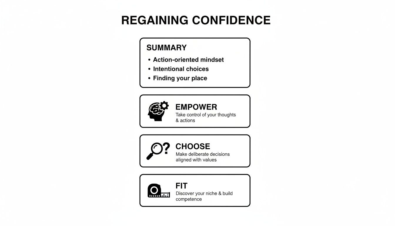 An infographic outlining steps for regaining confidence: empower, choose, and find your fit.