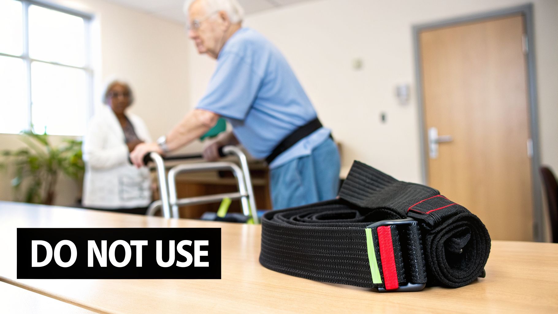 An elderly man uses a walker, wearing a gait belt, while another belt rests on a table.