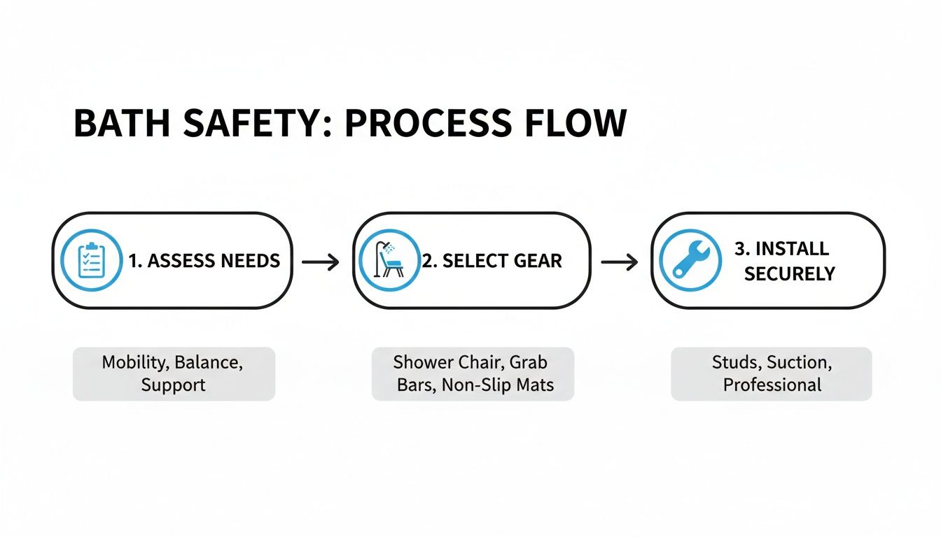 A process flow diagram outlining three steps for bath safety: assess needs, select gear, and install securely.