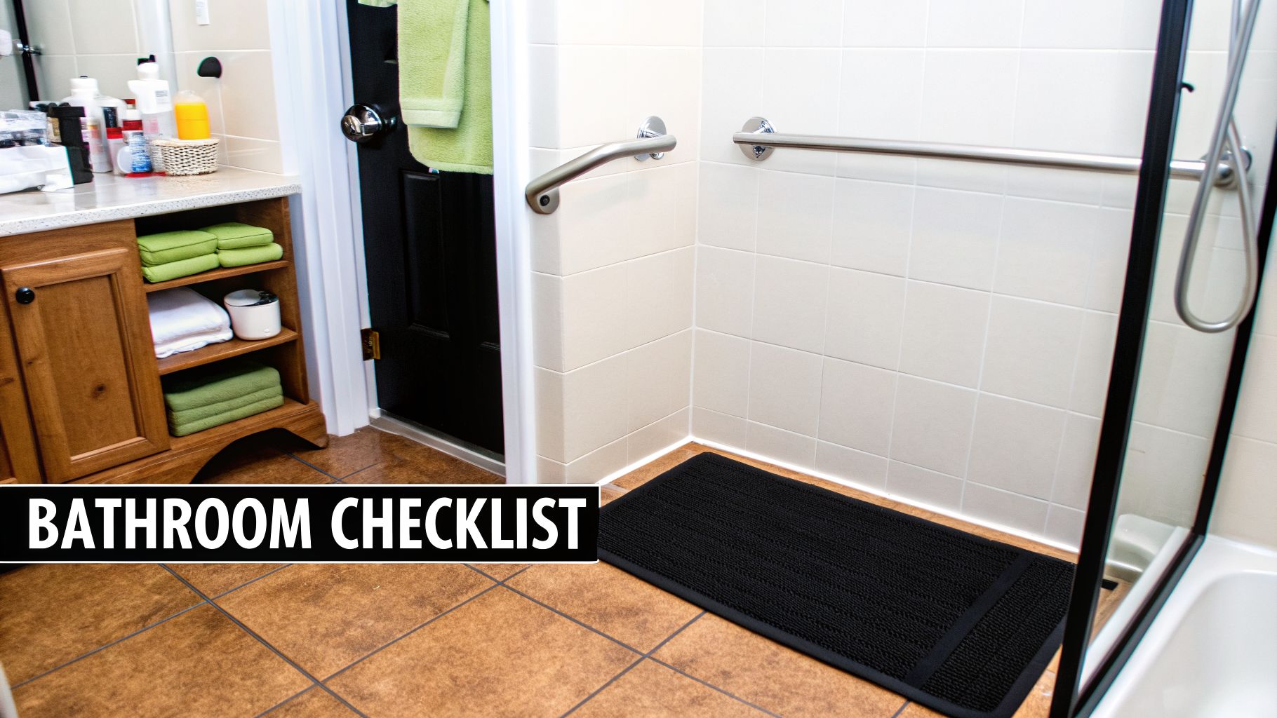 Accessible bathroom featuring a shower with grab bars, a wooden vanity, and neatly stacked towels.