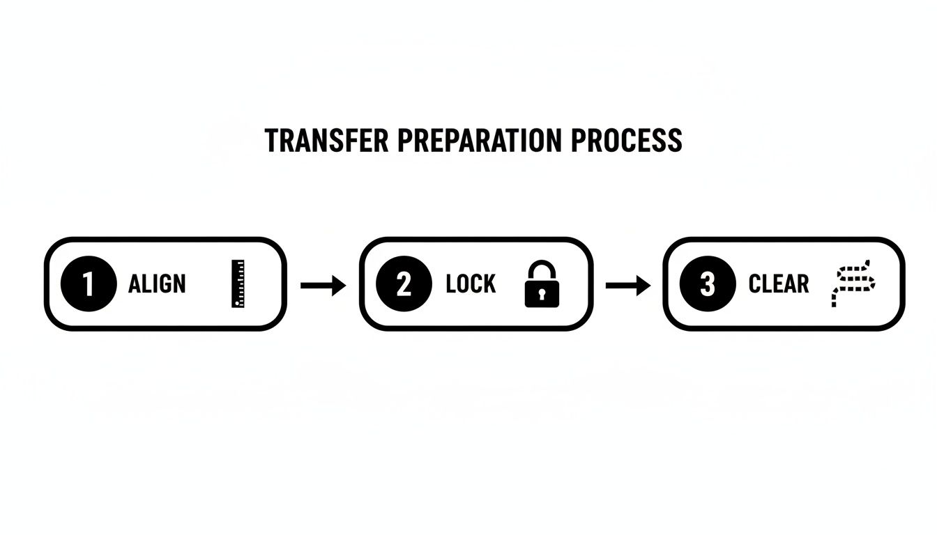 A diagram illustrates a three-step transfer preparation process: align, lock, and clear.
