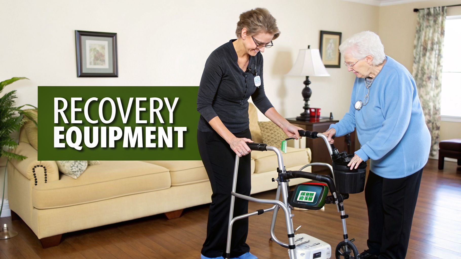 A caregiver helps an elderly woman use recovery equipment, a walker, in her home.