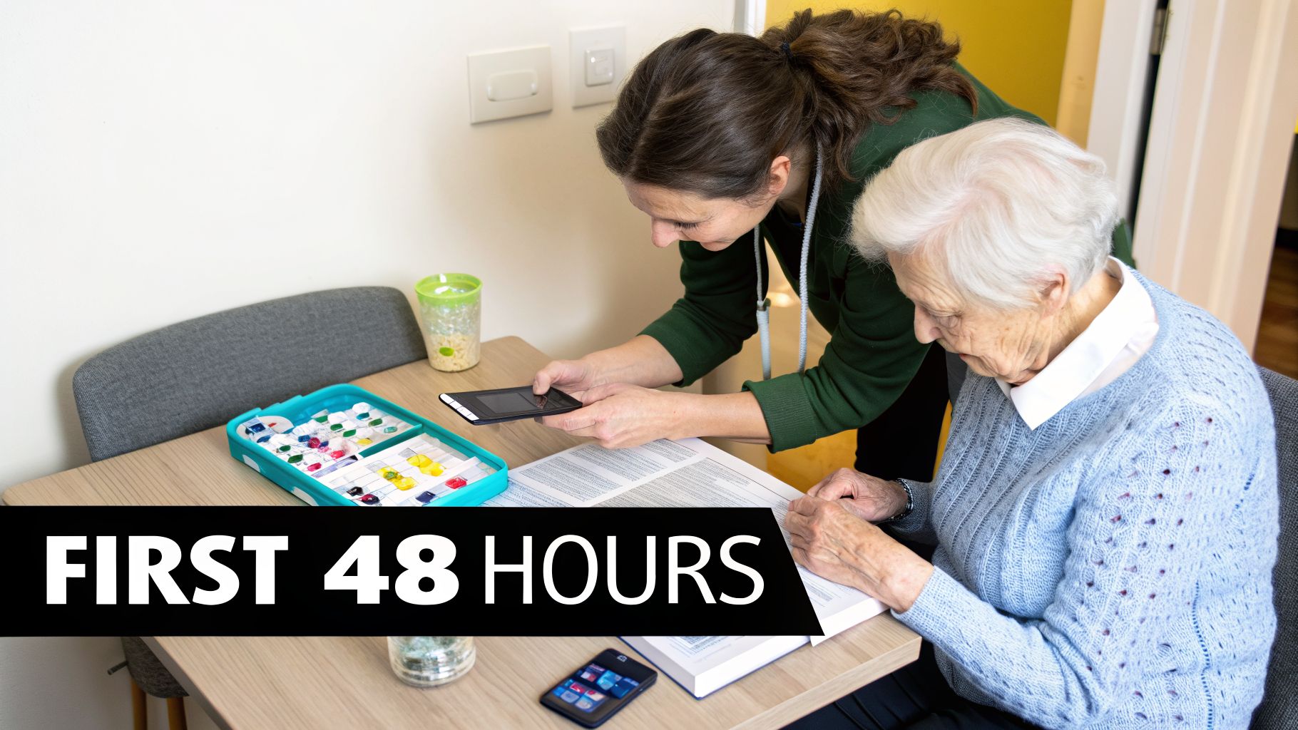 A young woman assists an elderly woman with medication management and documents at home.
