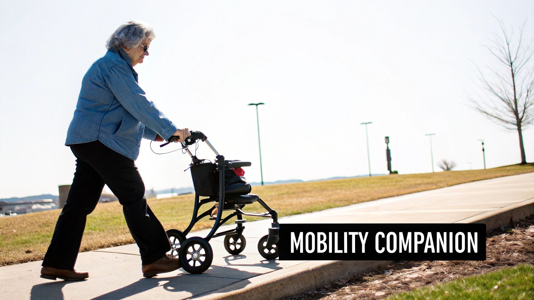 An elderly woman walks on a sunny sidewalk using a black rollator walker for support.