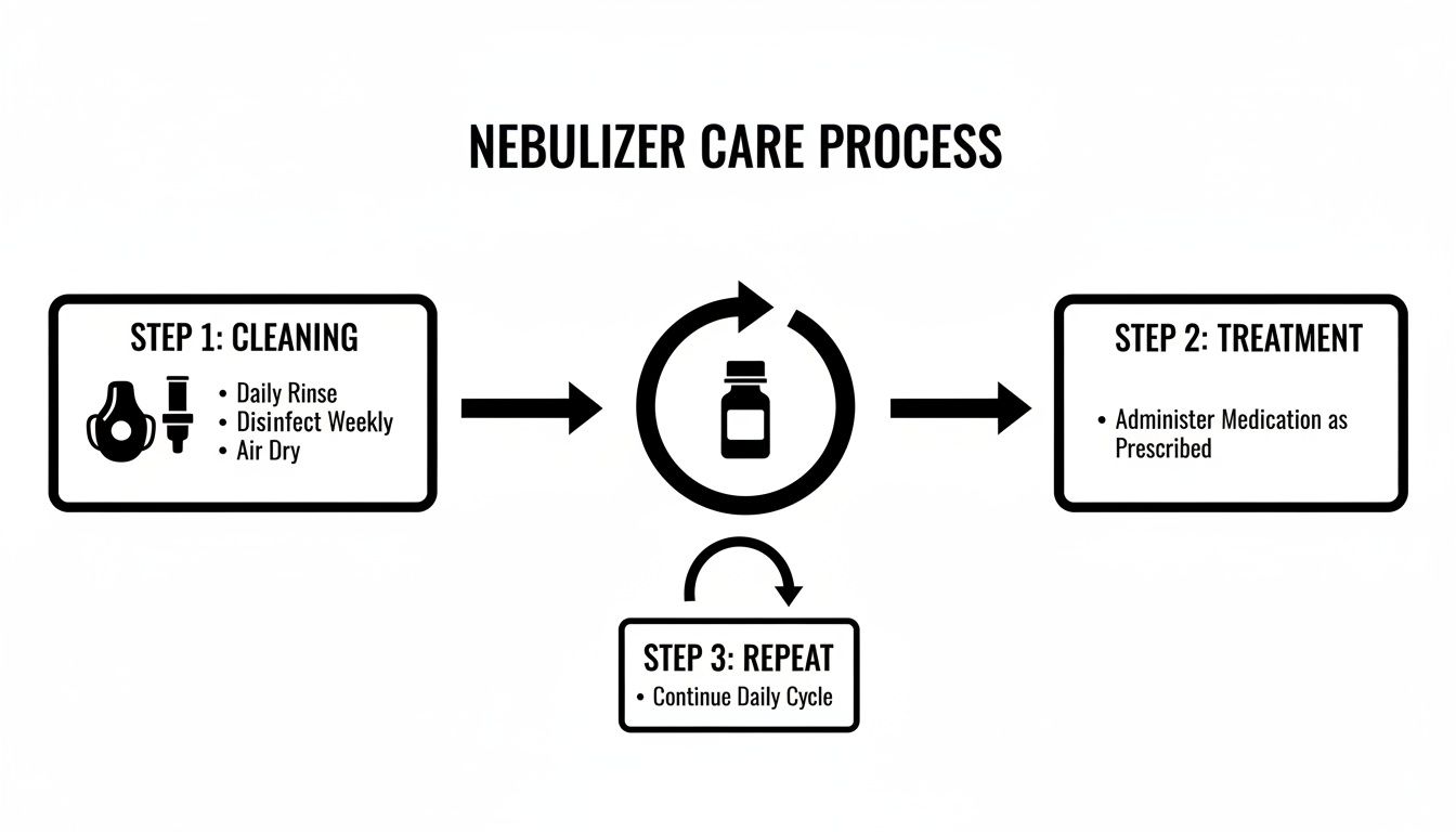 A three-step nebulizer care process diagram showing cleaning, medication treatment, and repeating the daily cycle.
