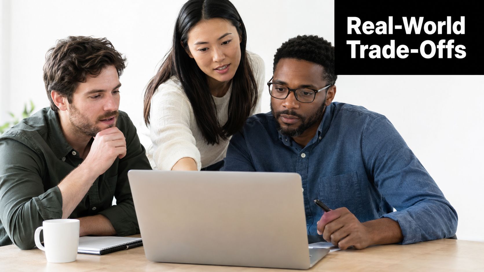 A diverse group of three professionals collaborating on a project while reviewing data on a laptop.