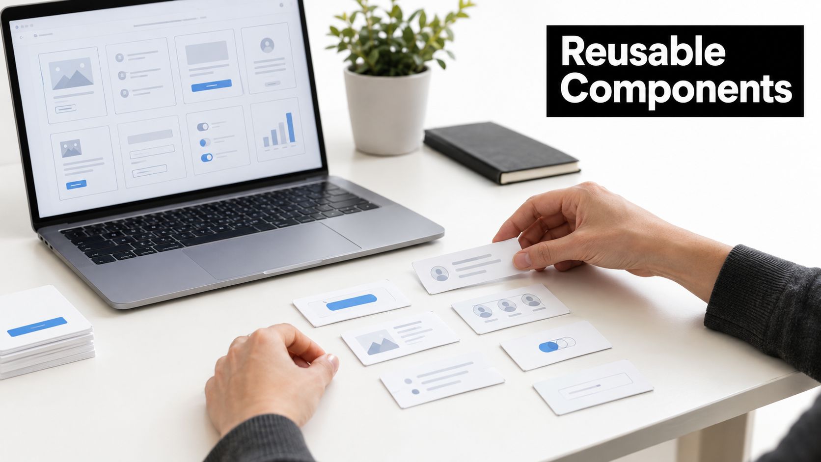 A person designing user interface elements on a table next to a laptop with UI components displayed.