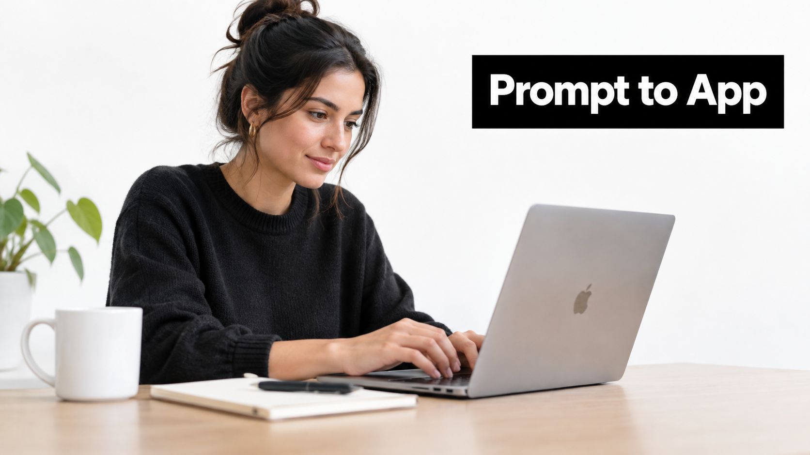 A young woman sitting at a desk and typing on a laptop with a modern workspace setup.