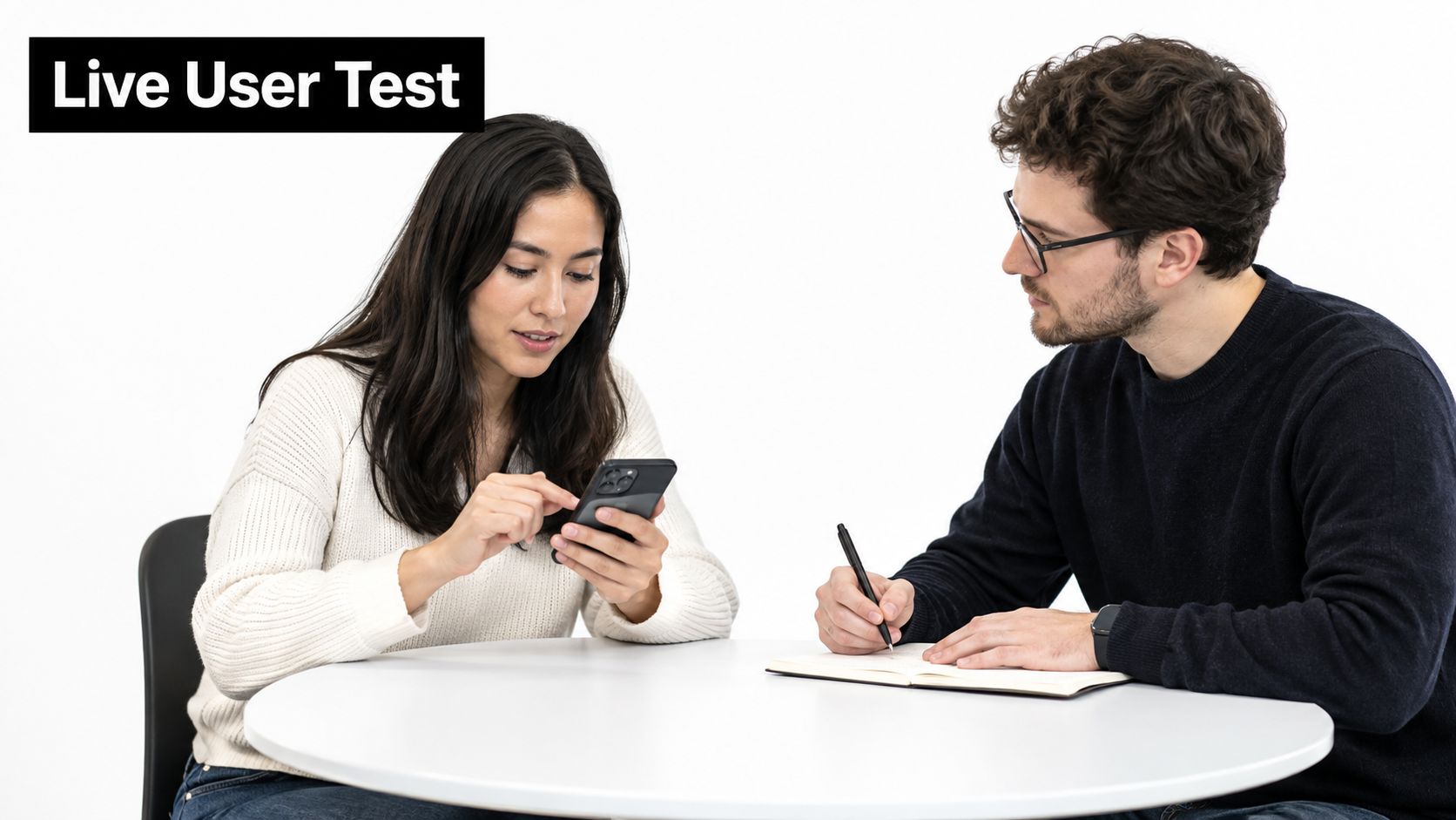A user researcher interviewing a participant as they interact with a smartphone during a usability study.