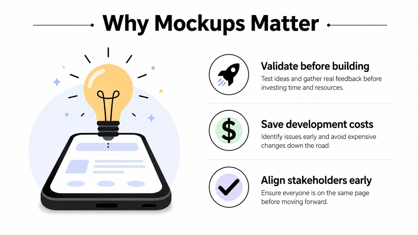 A graphic illustration explaining why mockups matter in design featuring a smartphone with a lightbulb.