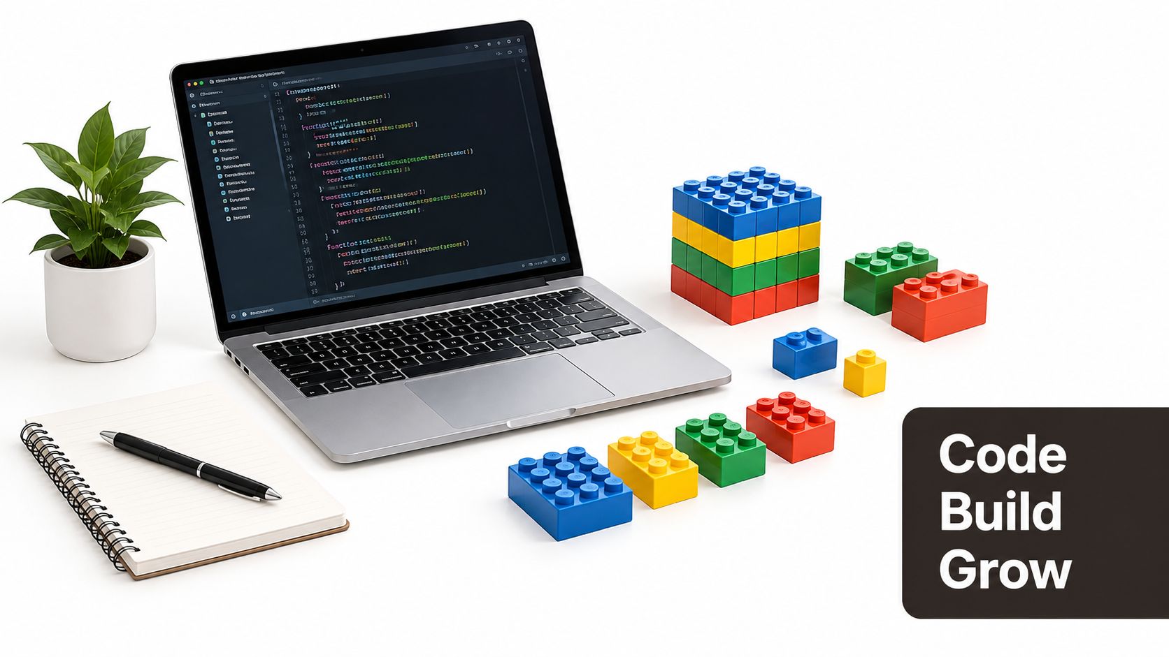 A modern desk workspace with a laptop displaying code, a notebook, and colorful plastic building blocks.