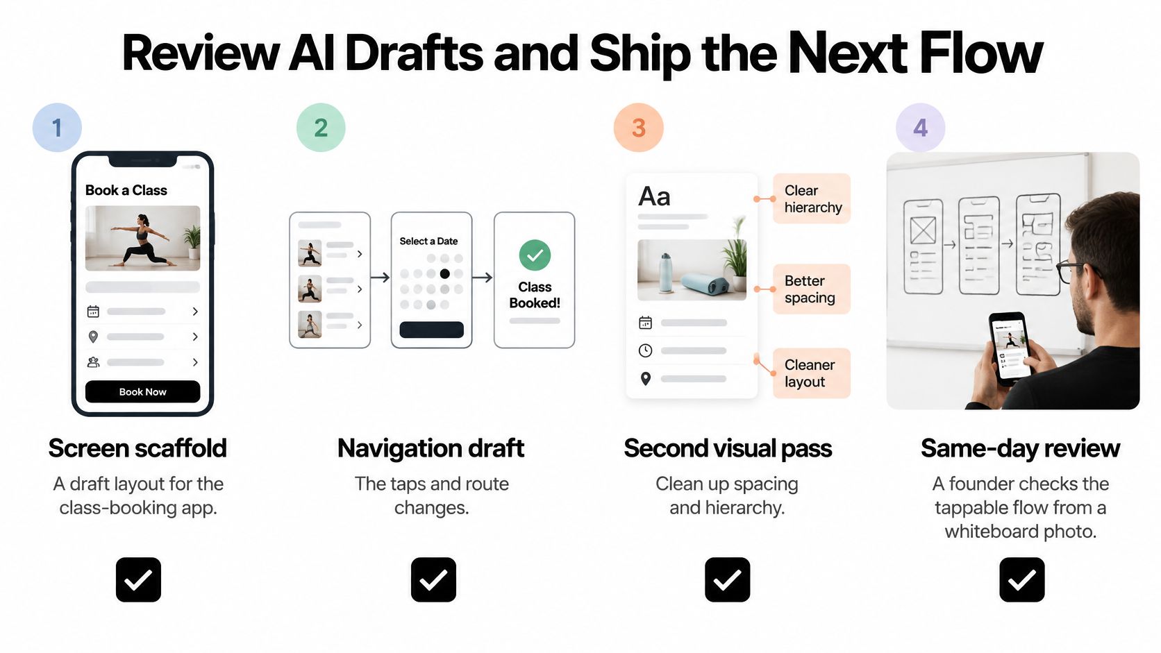A four-step graphic explaining how AI aids the mobile app design workflow from screen scaffolding to review.