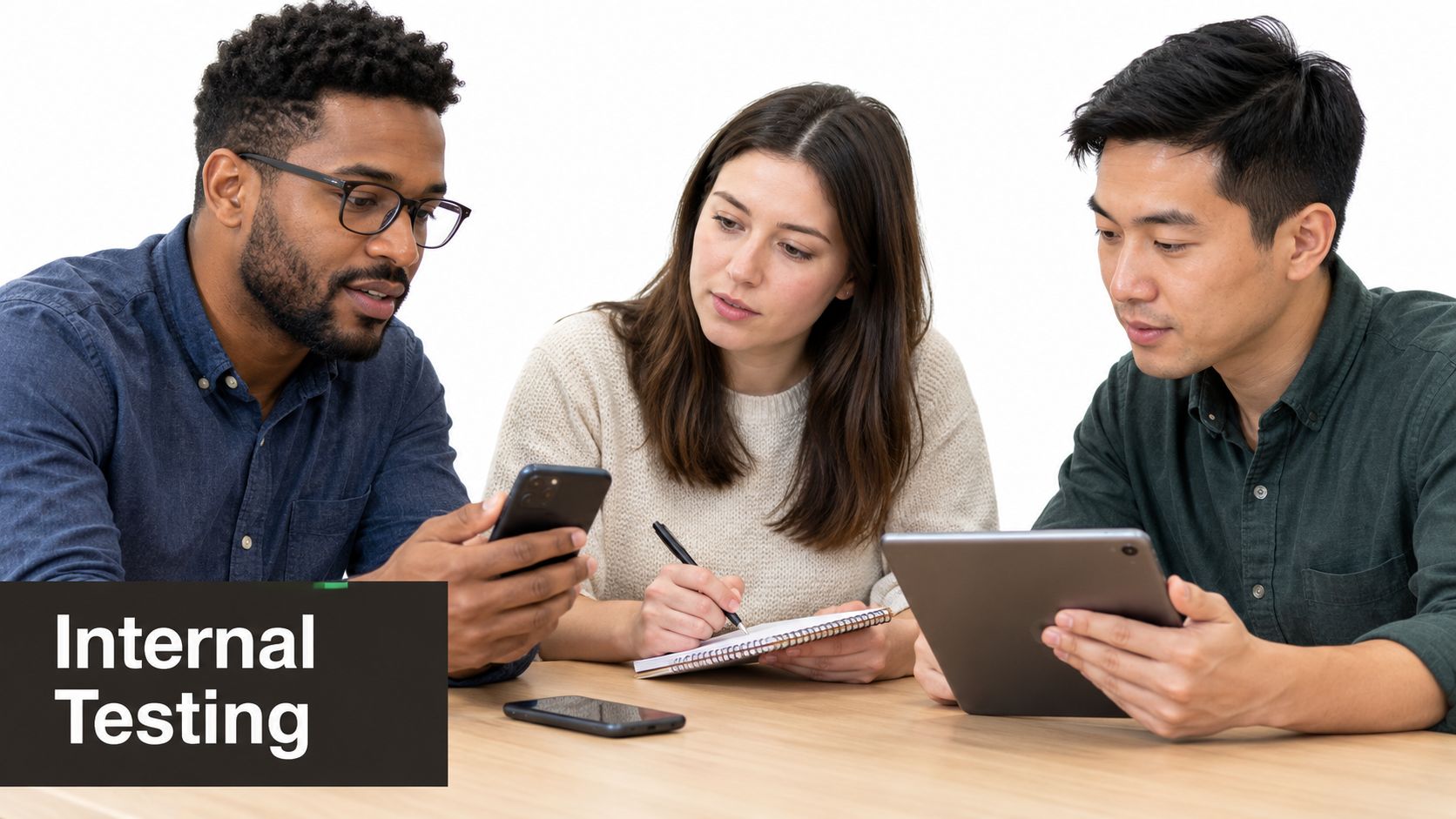 A diverse team of three professionals collaborating on mobile app development during an internal testing session.