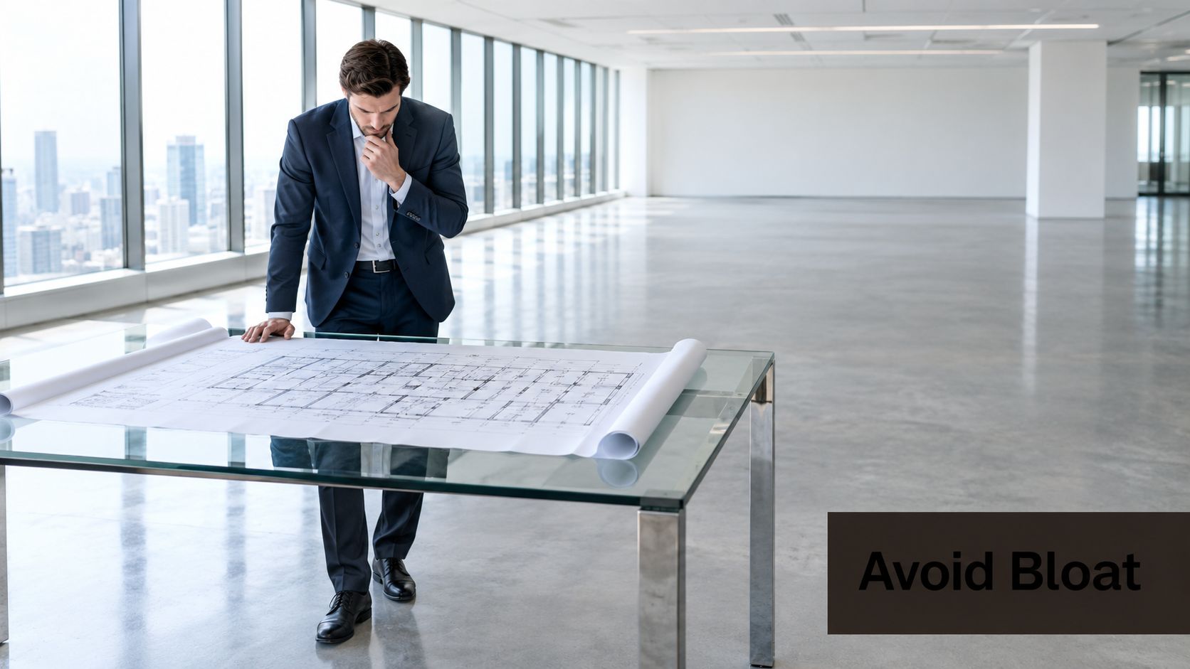 A professional in a business suit reviewing architectural blueprints on a glass table in a modern office.