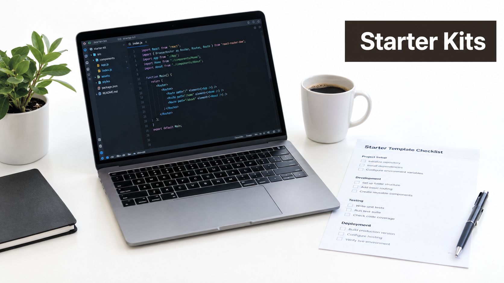 A laptop showing React code next to a coffee mug and a starter template checklist on desk.