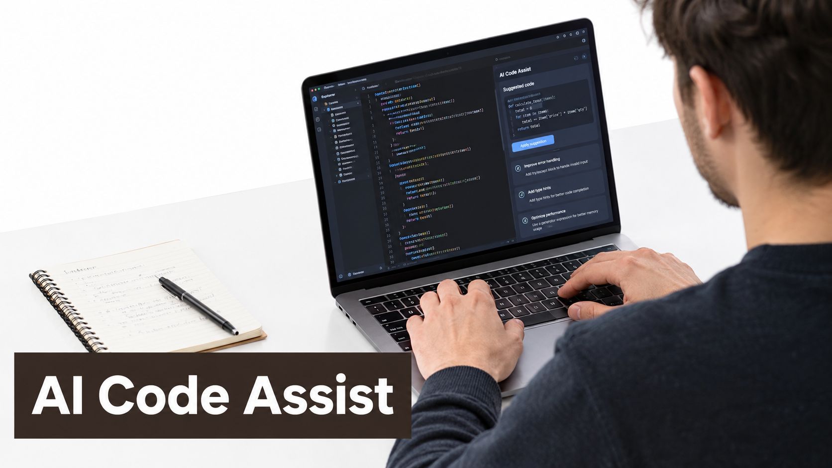 A professional developer writing code on a laptop with an AI code assistant tool displayed on screen.