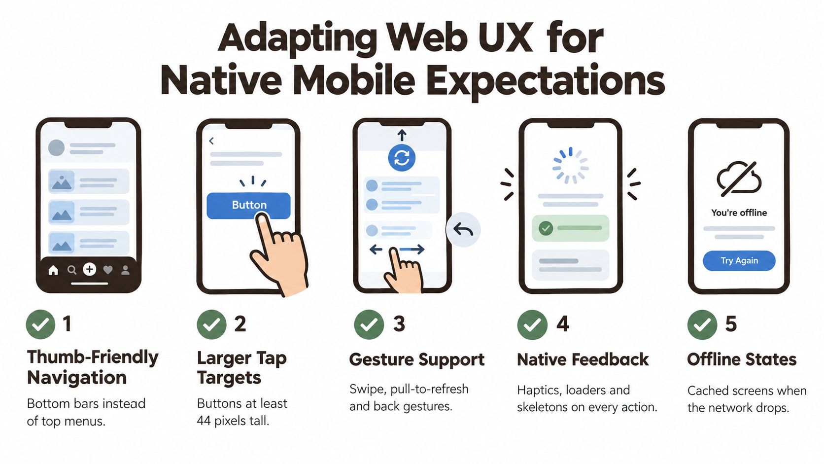 An infographic illustrating five key design principles for adapting web user experiences for native mobile applications.