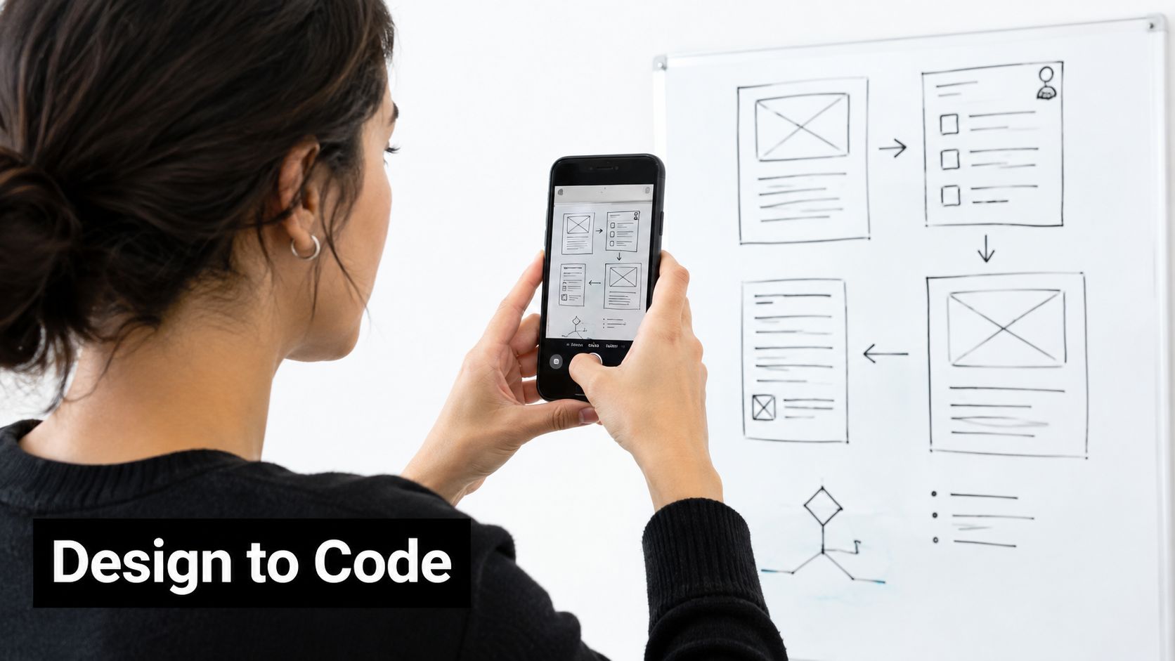 A woman photographing a whiteboard containing wireframe sketches of mobile app user interfaces with her smartphone.