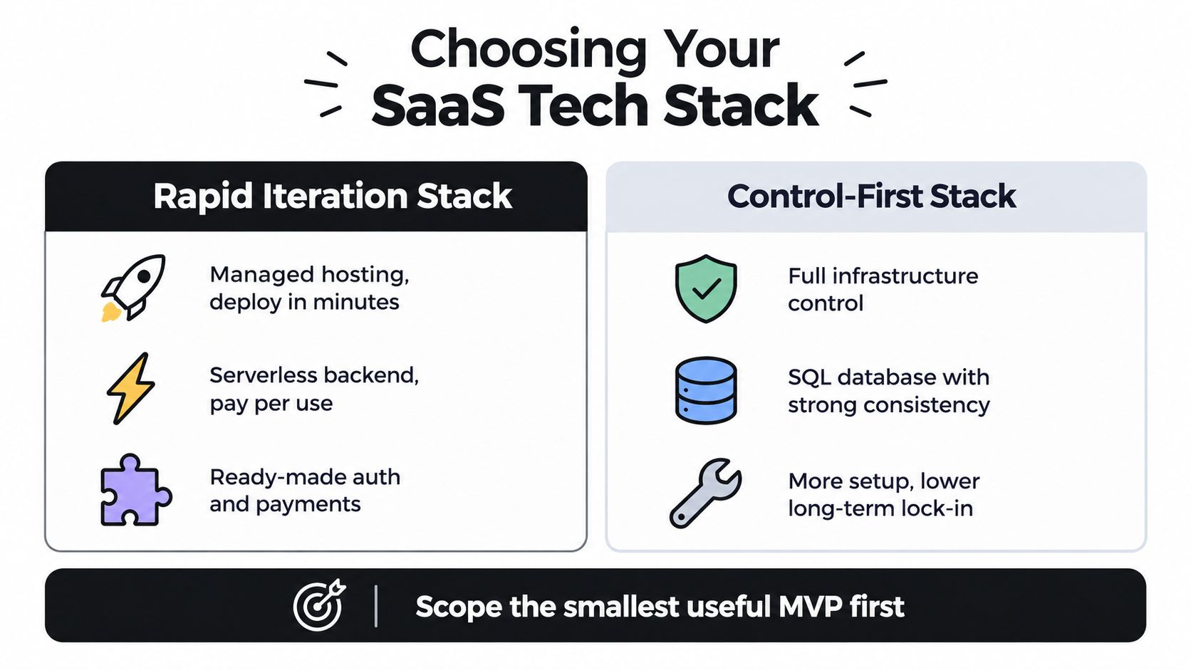 A comparison chart outlining the differences between Rapid Iteration and Control-First tech stacks for SaaS development.