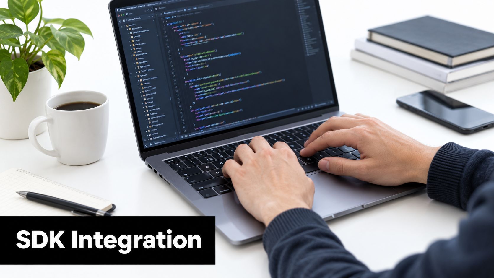 A developer working on code on a laptop screen to set up a software development kit integration.