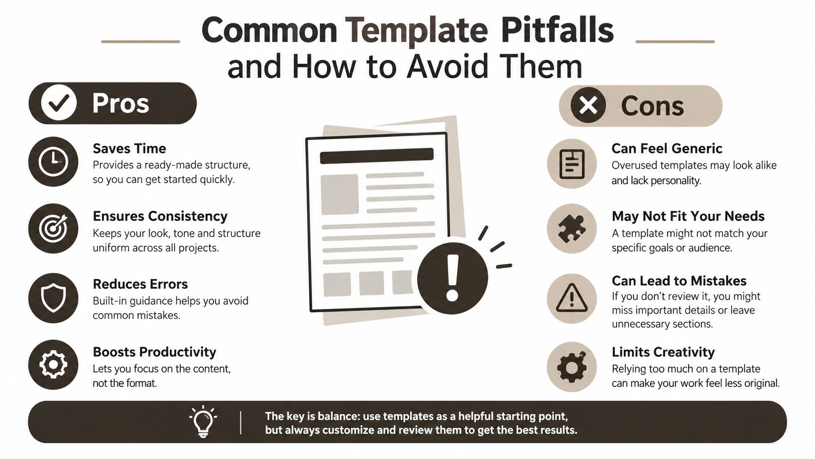 An infographic comparing the pros and cons of using templates, highlighting how to balance efficiency and customization.