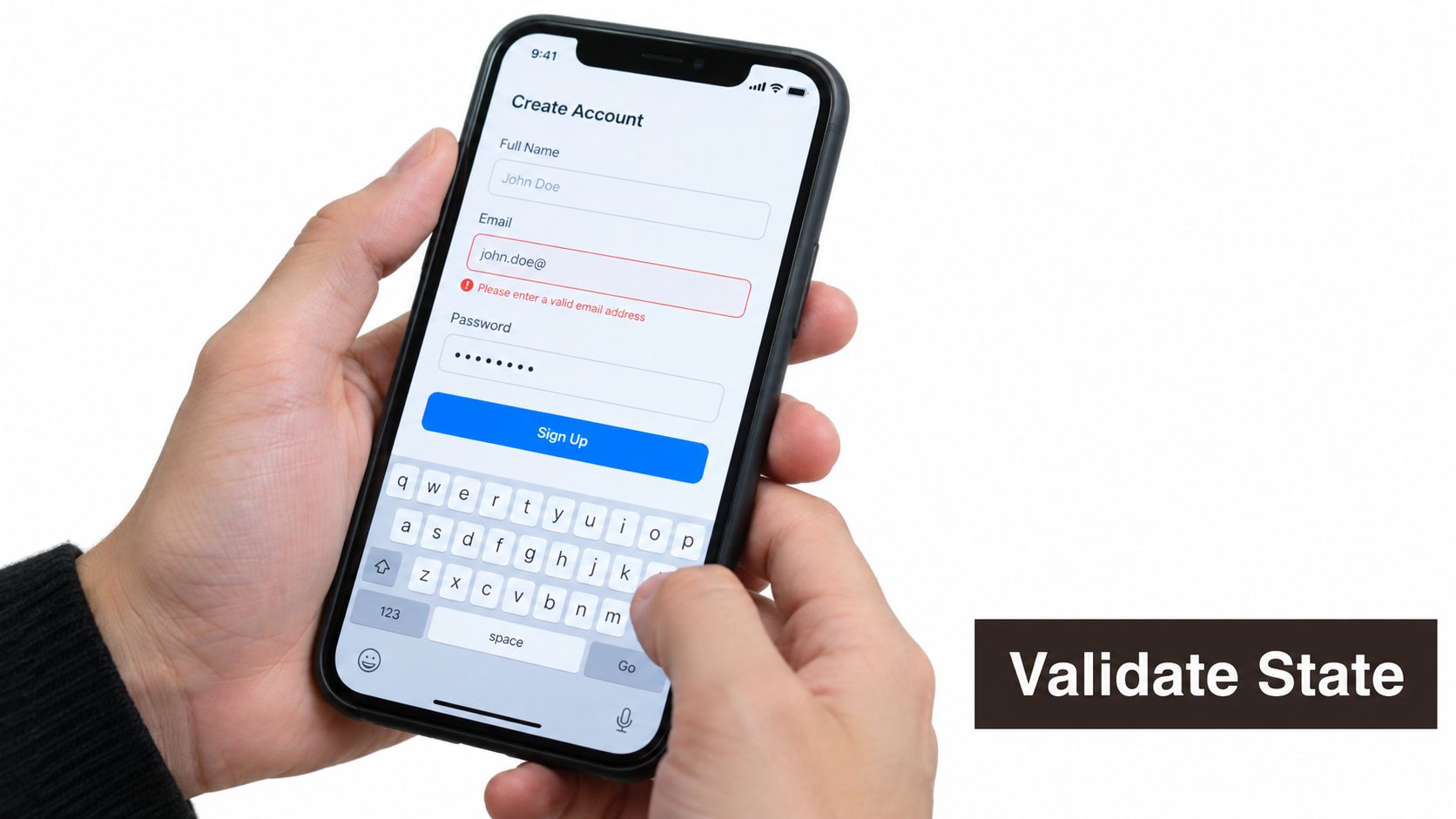 A person holding a smartphone displaying an account creation screen with an email validation error message.