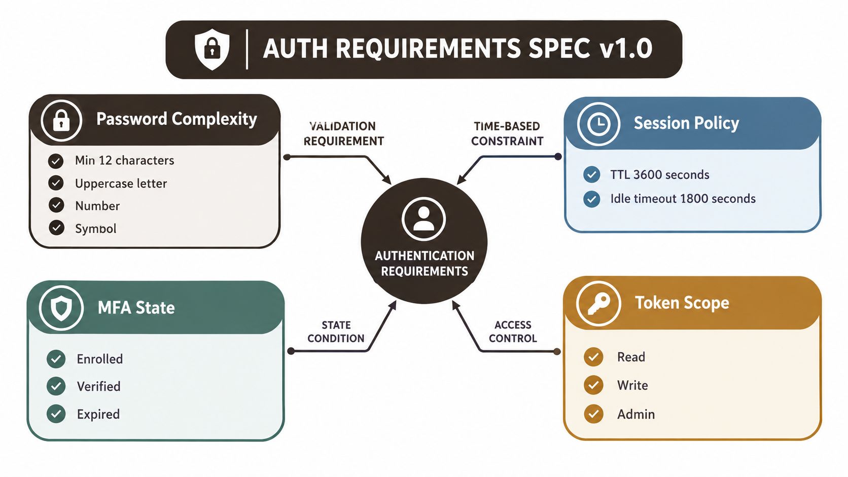 A diagram outlining authentication requirements including password complexity, session policies, MFA states, and token access scopes.