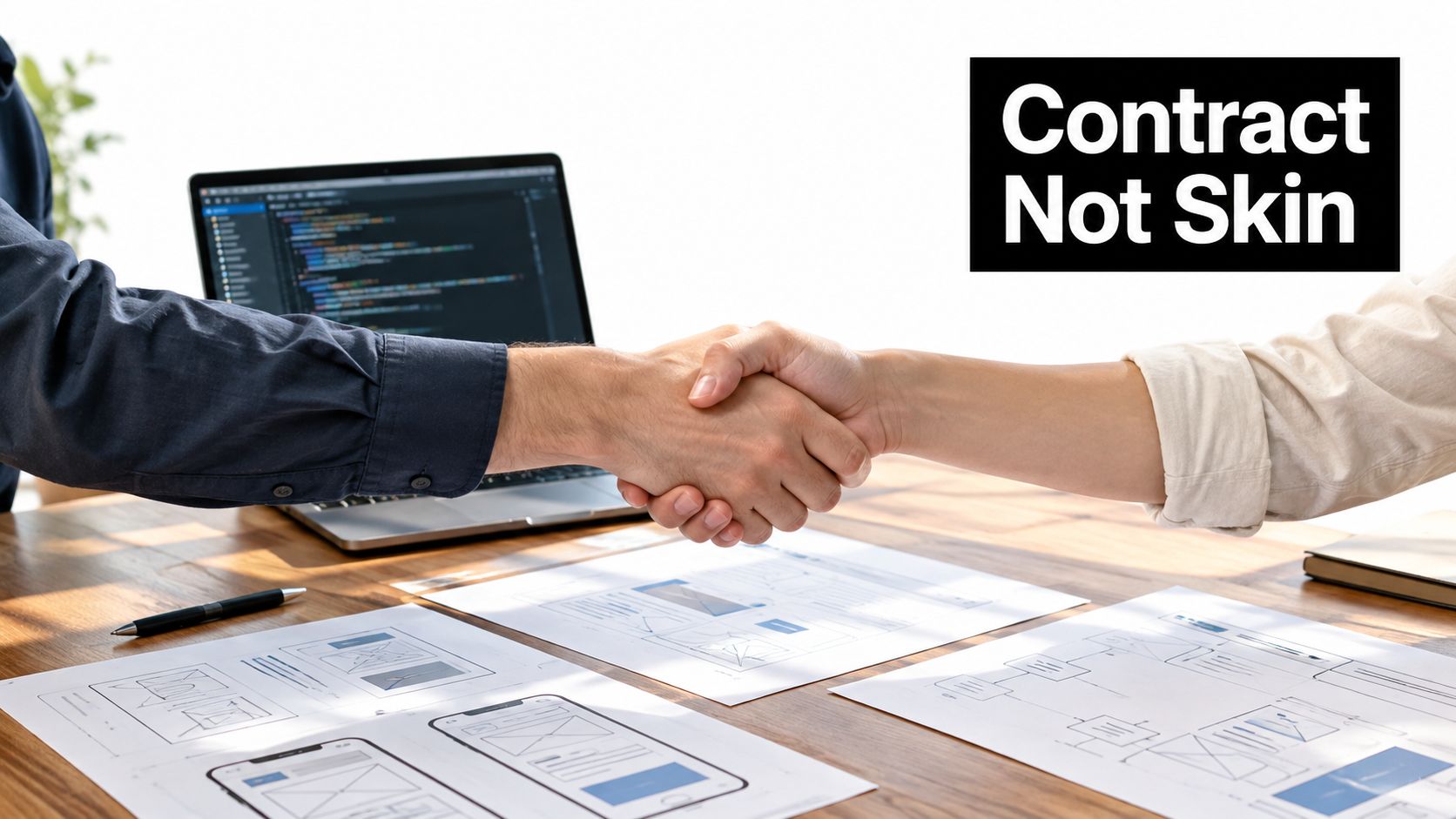 Two developers shaking hands over a wooden table covered with mobile app UI design wireframe sketches.