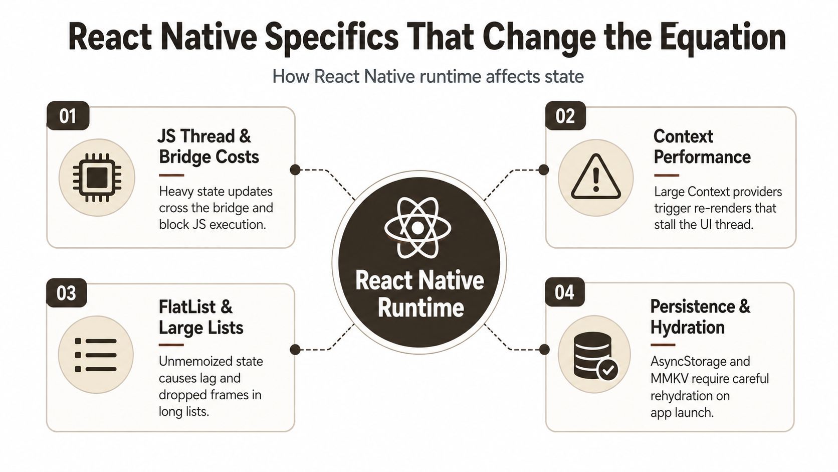 An infographic detailing four key challenges regarding state management within the React Native runtime environment.