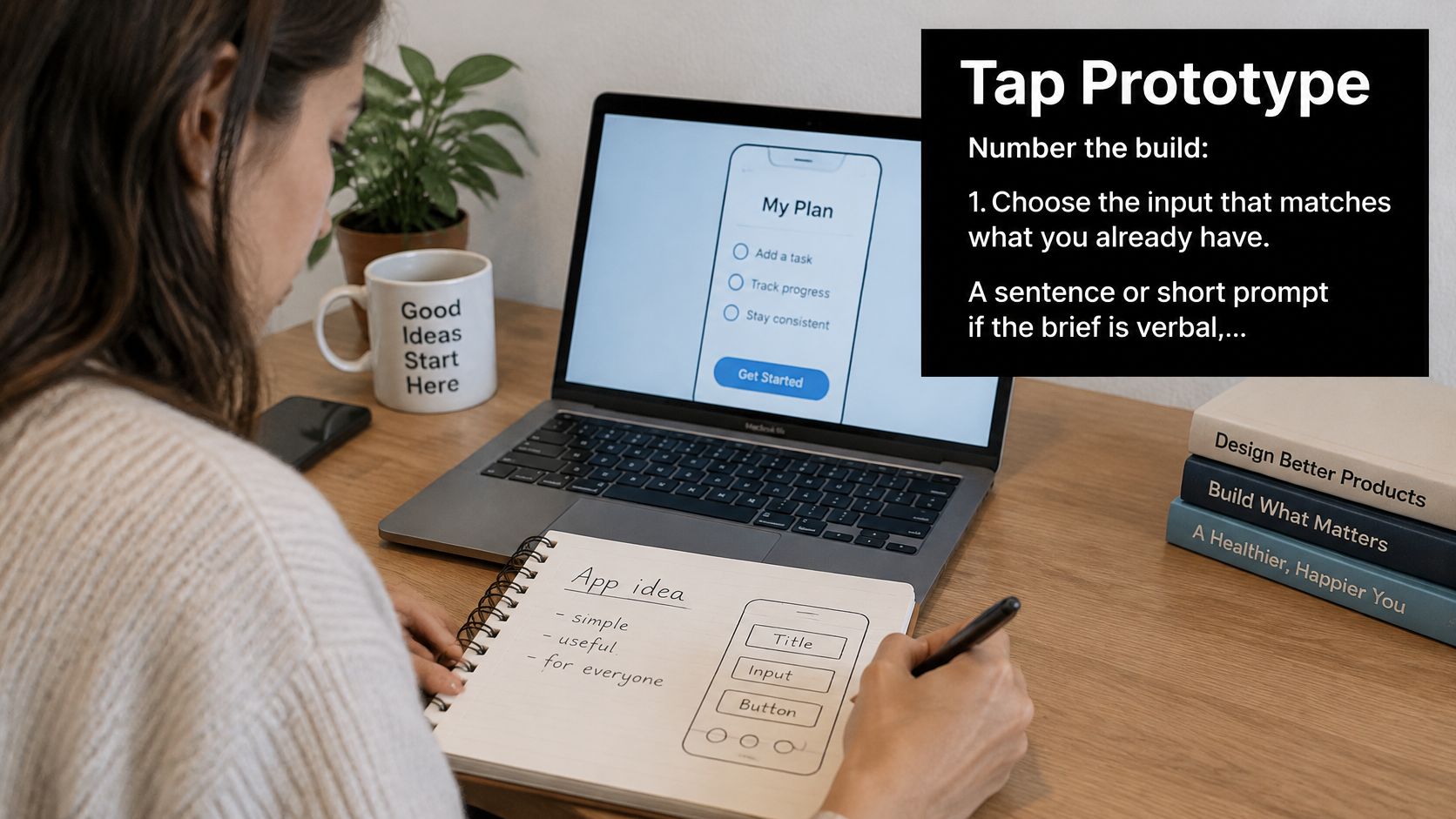 A designer drawing a mobile app wireframe in a notebook while looking at a laptop screen.