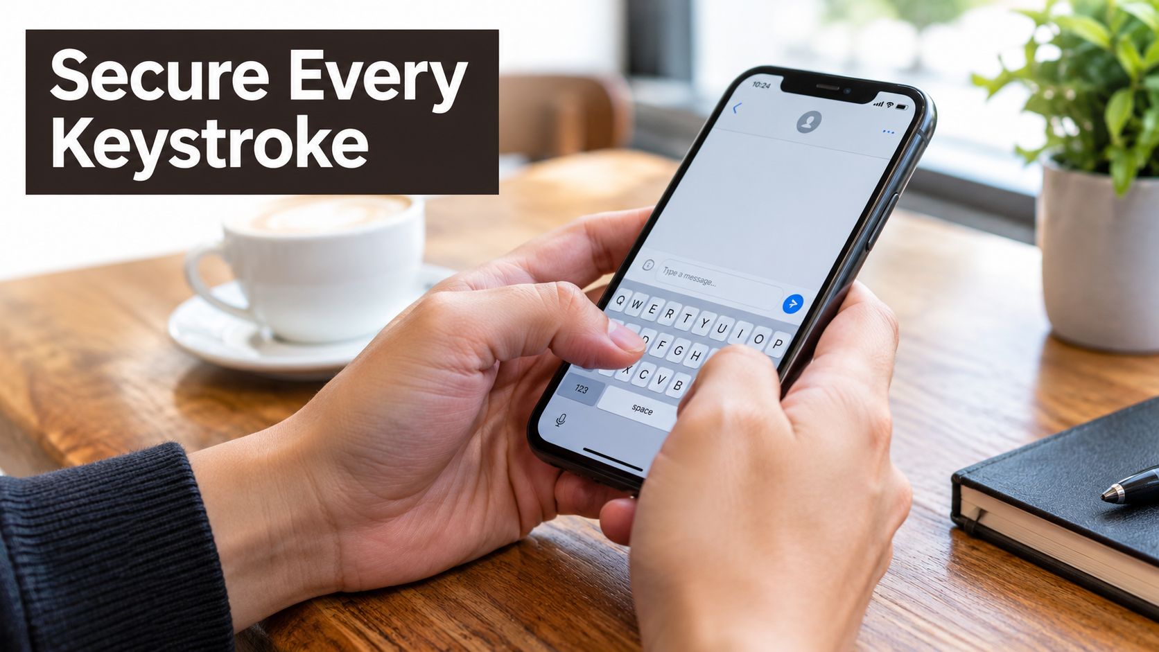 A person holds a smartphone with a keyboard overlay visible, featuring the text Secure Every Keystroke.