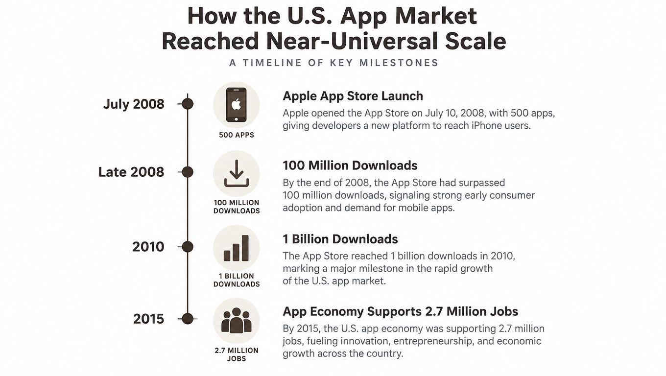 A timeline graphic showing key historical milestones in the growth of the U.S. mobile app market.