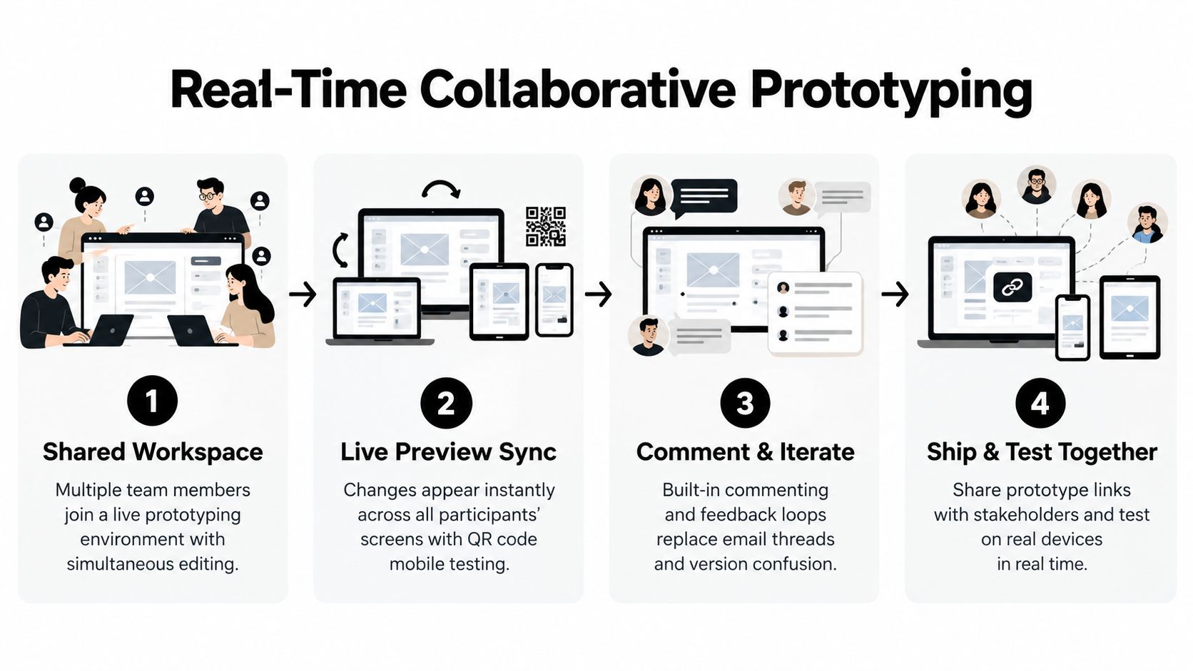 A diagram illustrating a four-step process for real-time collaborative prototyping, from shared workspaces to final testing.