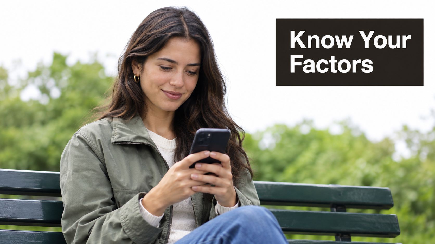 A young woman sitting on a park bench while browsing on her smartphone for mobile authentication.