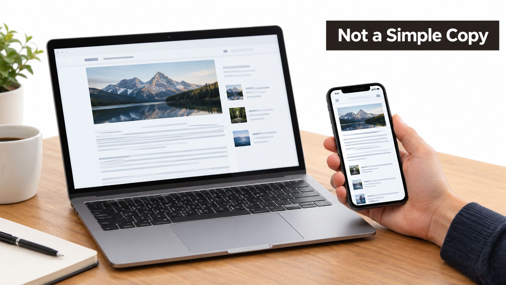 A laptop and smartphone displaying the same website, held by a hand on a wooden desk.