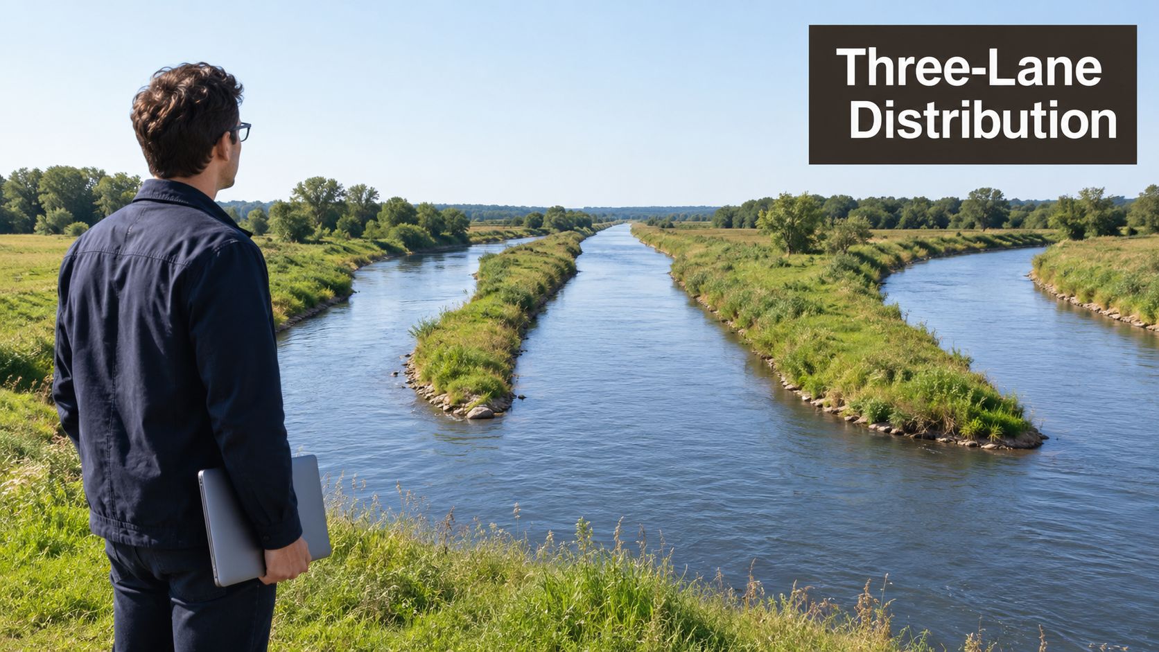 A man holding a laptop stands by a river split into three channels under a clear sky.