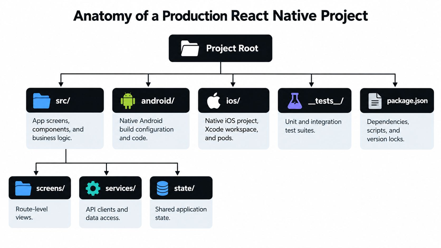 A structured diagram illustrating the folder hierarchy and organization of a professional production React Native project.