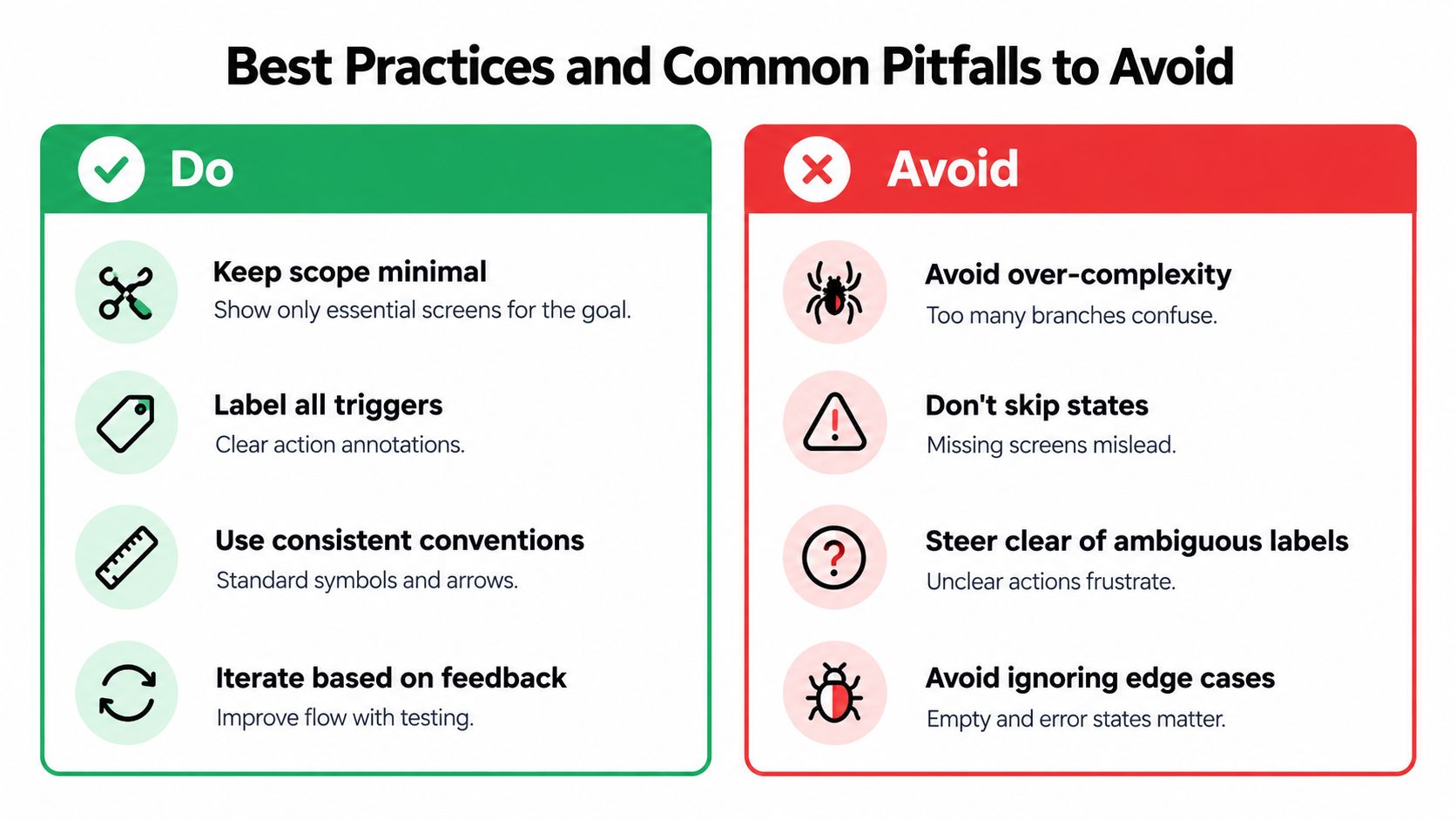An infographic showing best practices and common pitfalls for designing effective and clear user screen flow diagrams.
