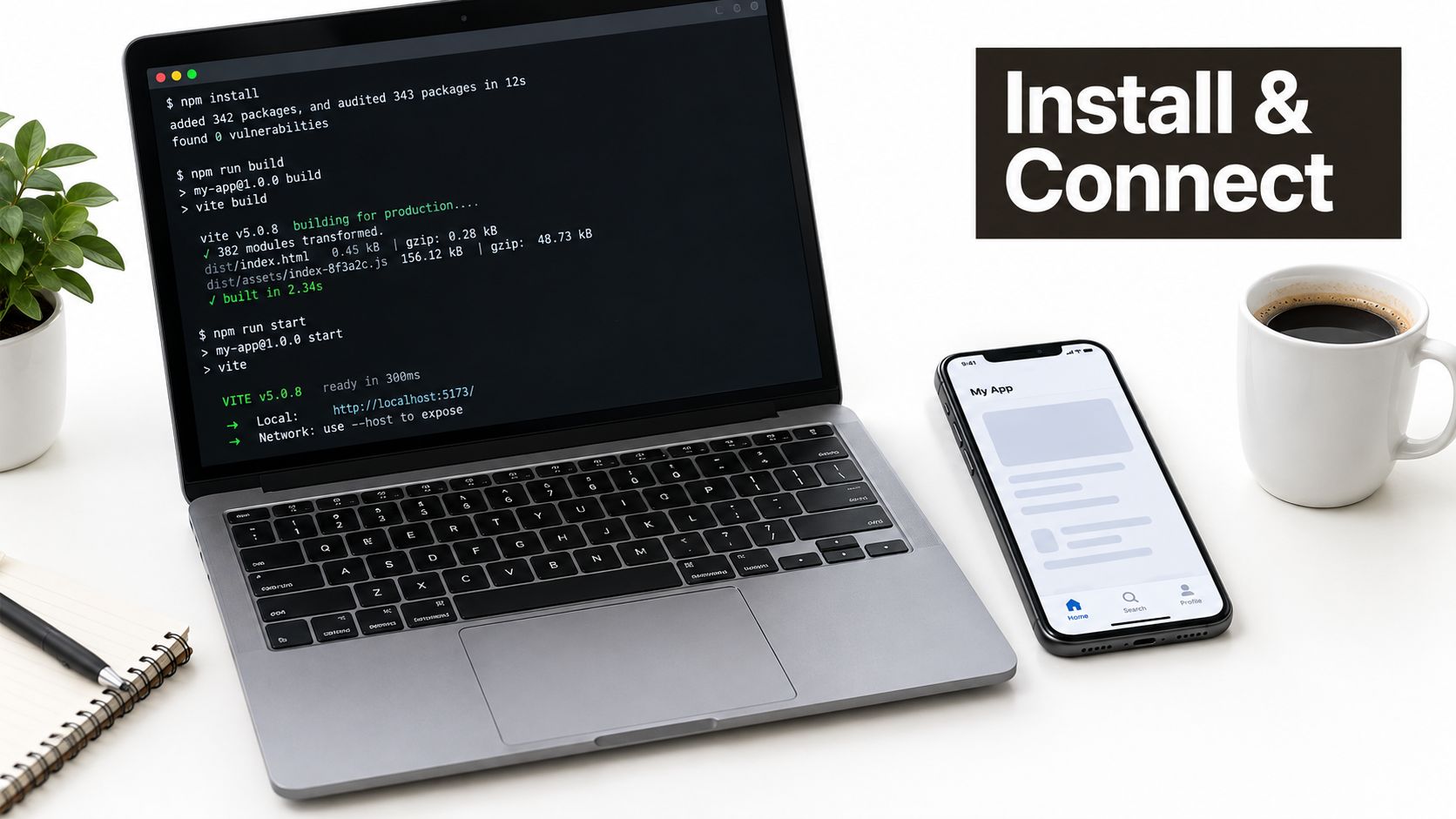 A laptop displaying terminal code commands next to a smartphone showing a mobile app interface design.