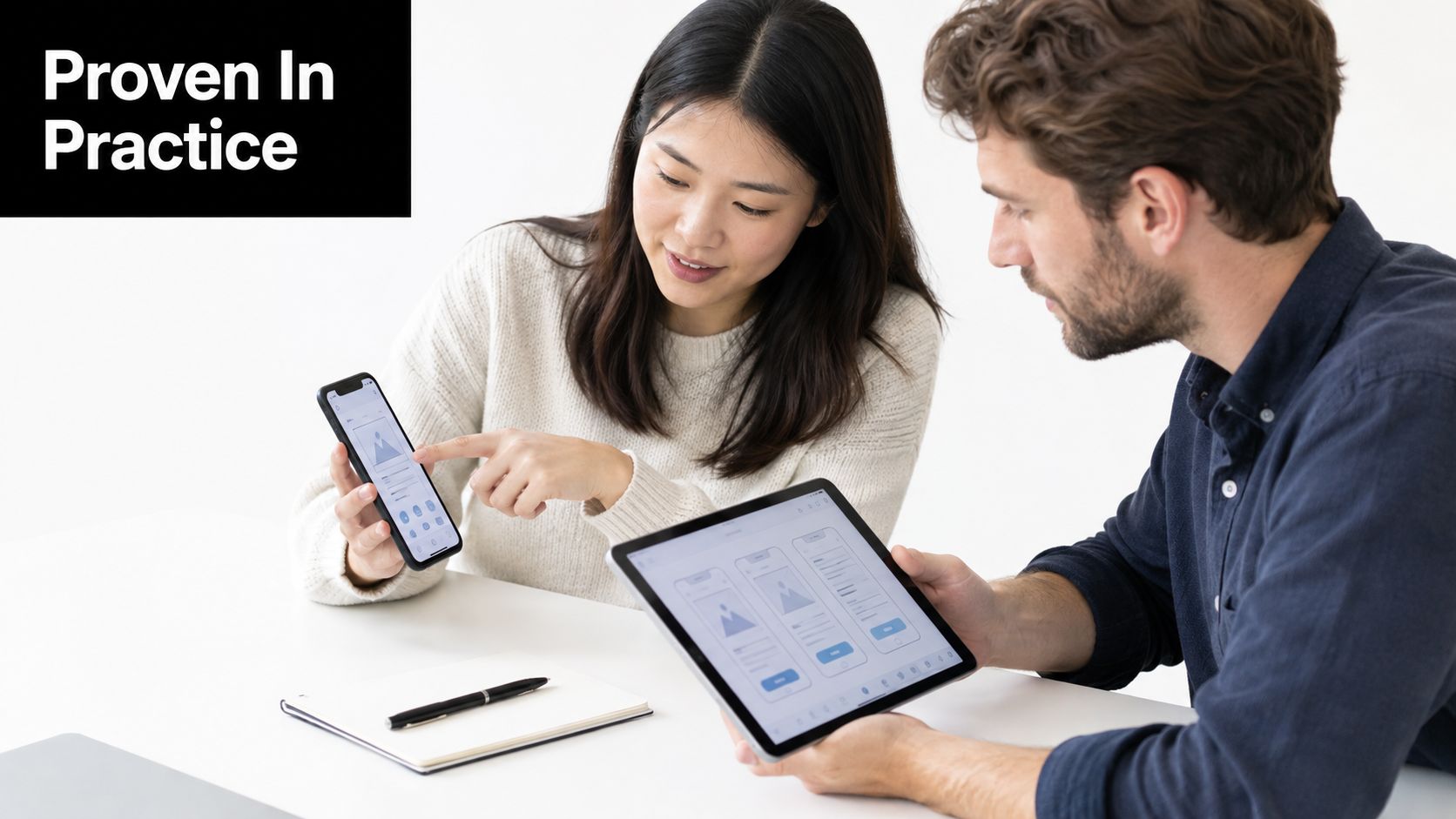 A man and a woman collaborating on a digital project using a smartphone and a tablet.