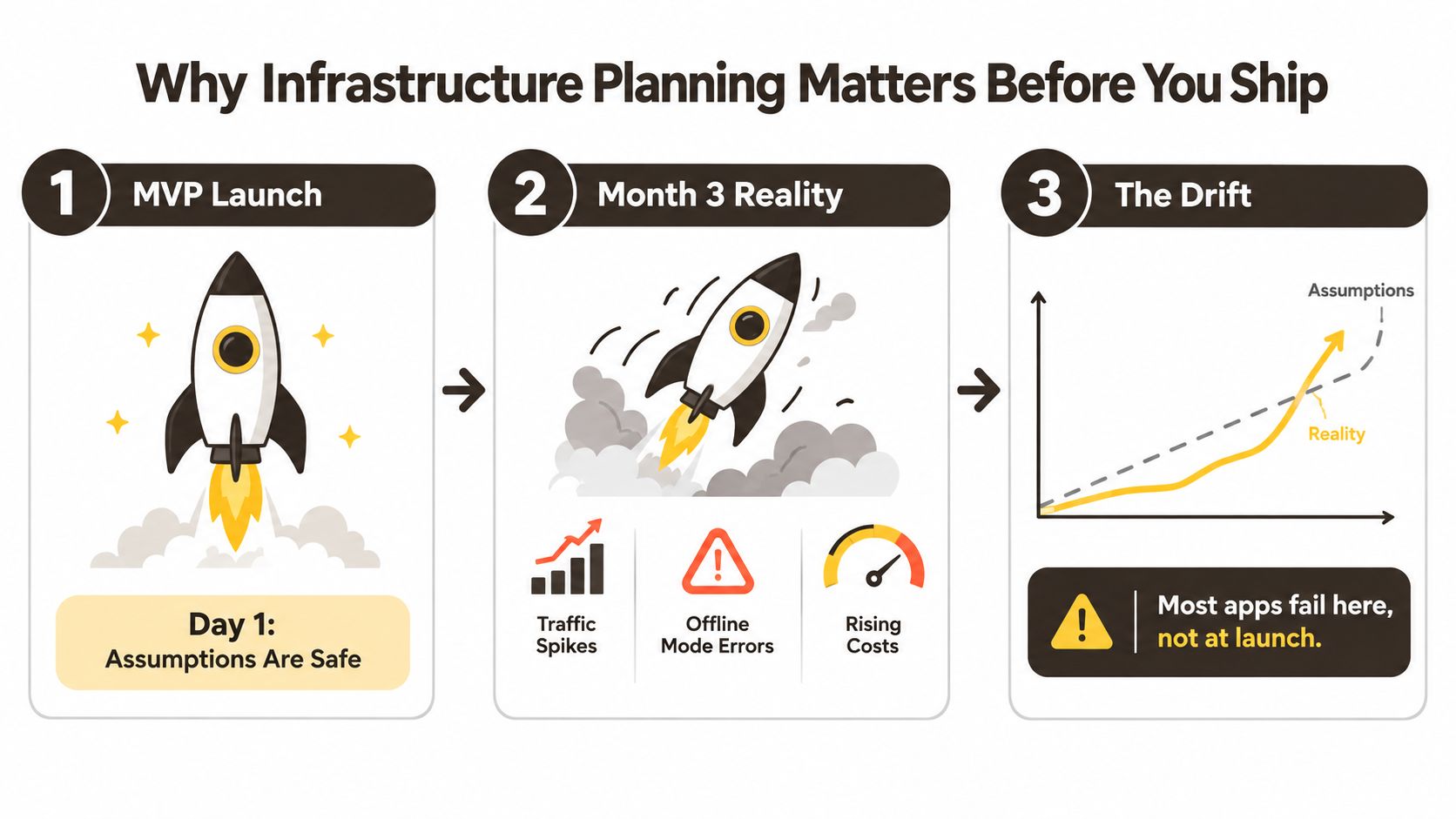 A diagram illustrating why infrastructure planning is crucial to prevent failure after an initial app launch.