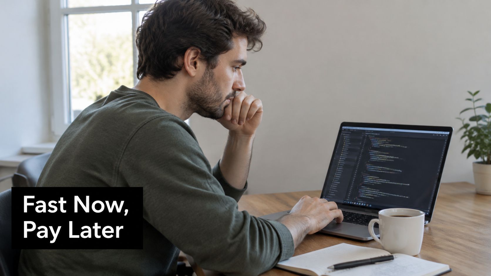 A focused software developer coding on a laptop while working from his home office desk.