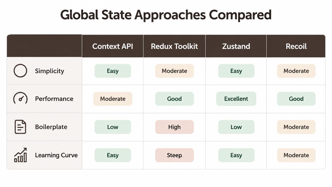 A comparison table evaluating four React global state management approaches across simplicity, performance, boilerplate, and learning curve.