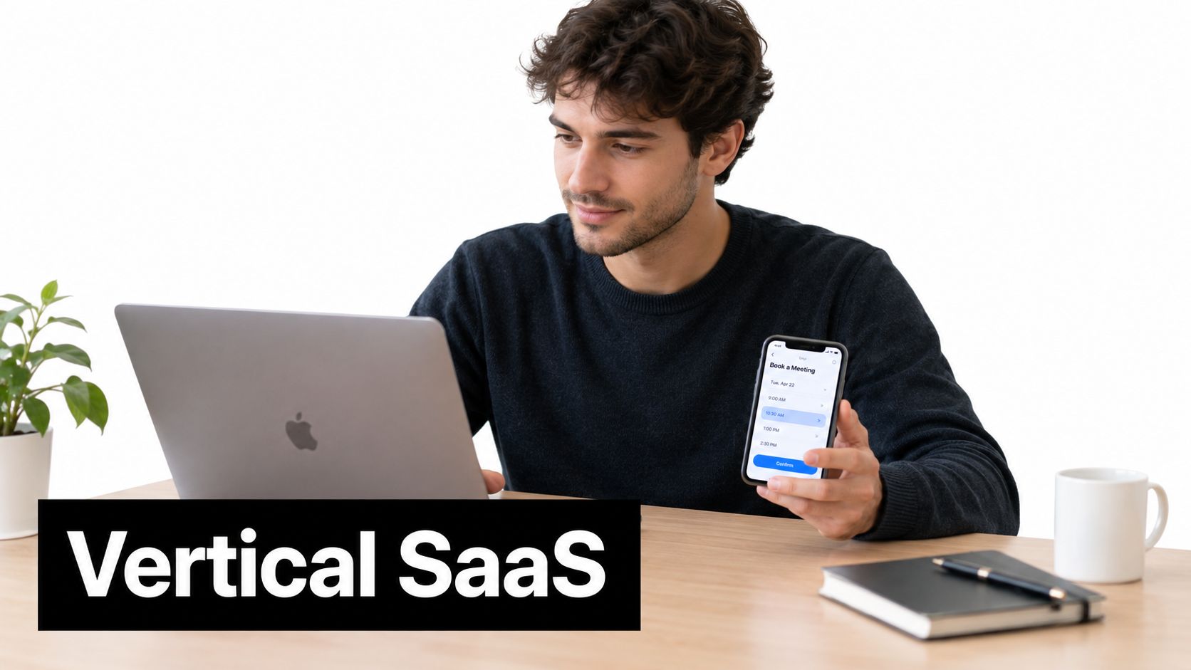 A young man sitting at a desk with a laptop and smartphone, displaying Vertical SaaS interface