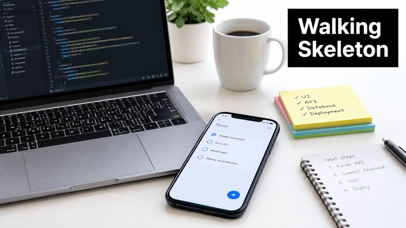 A modern workspace with a laptop displaying code, a smartphone with task list, and notes on software development.