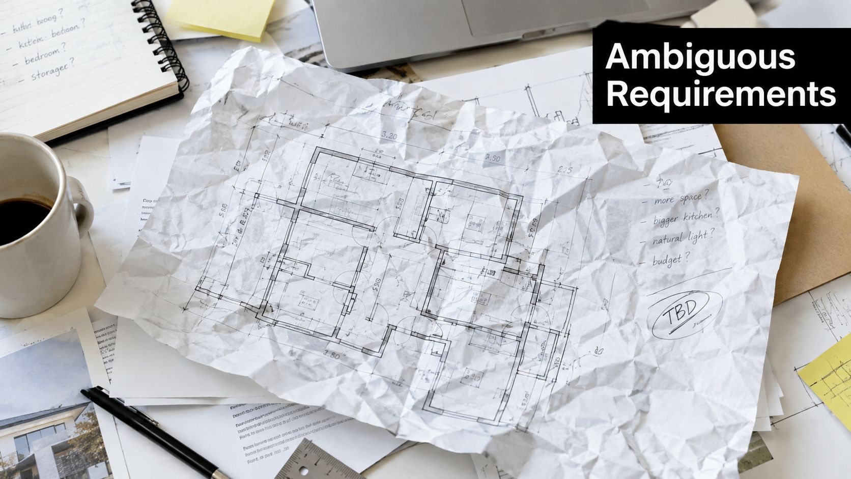 A crumpled floor plan sketch on a messy desk with notes about ambiguous architectural requirements.