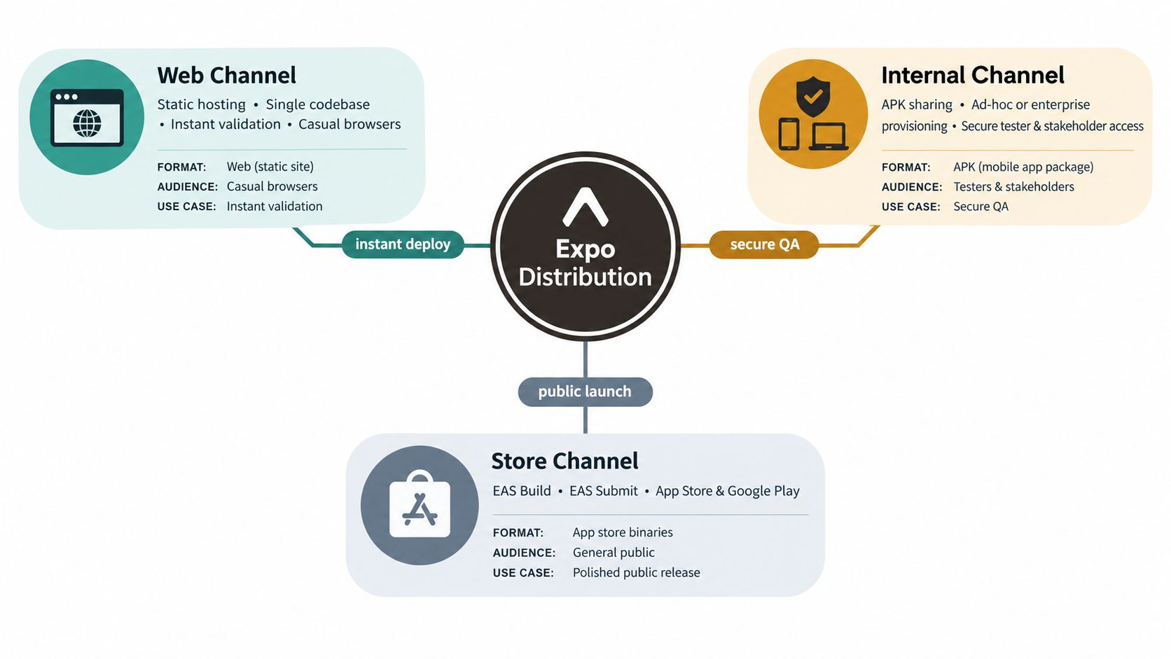 A diagram illustrating Expo distribution channels including web, internal, and app store release methods for software.