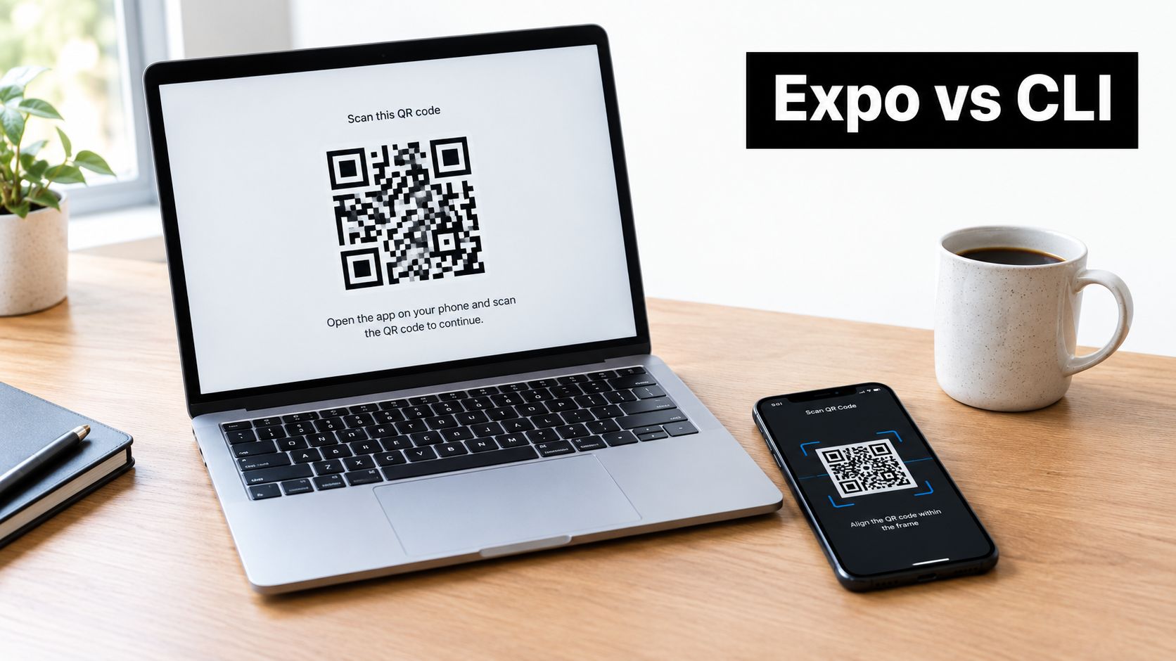 A laptop and smartphone on a wooden desk with a QR code displayed for mobile development.
